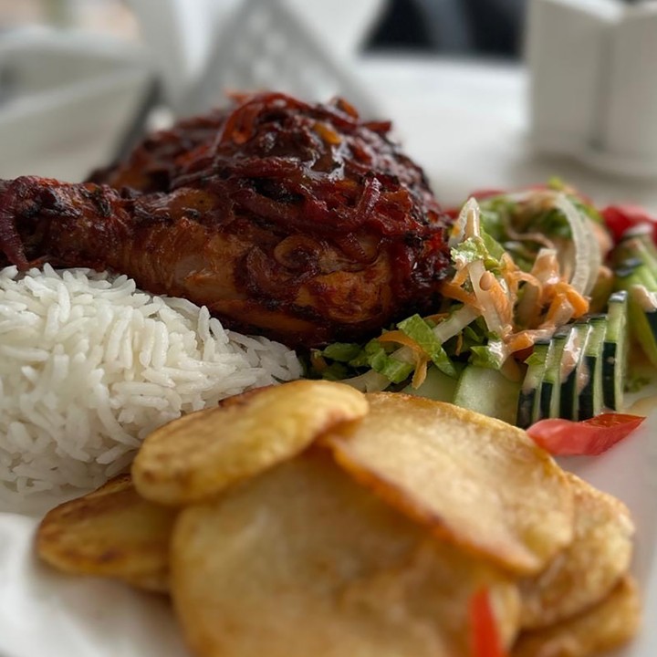 Grilled Chicken Leg with Salad, Chips & Rice